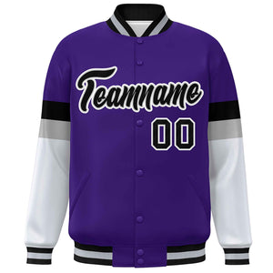 Custom Purple Black-White Color Block Bomber Varsity Full-Snap Baseball Jacket