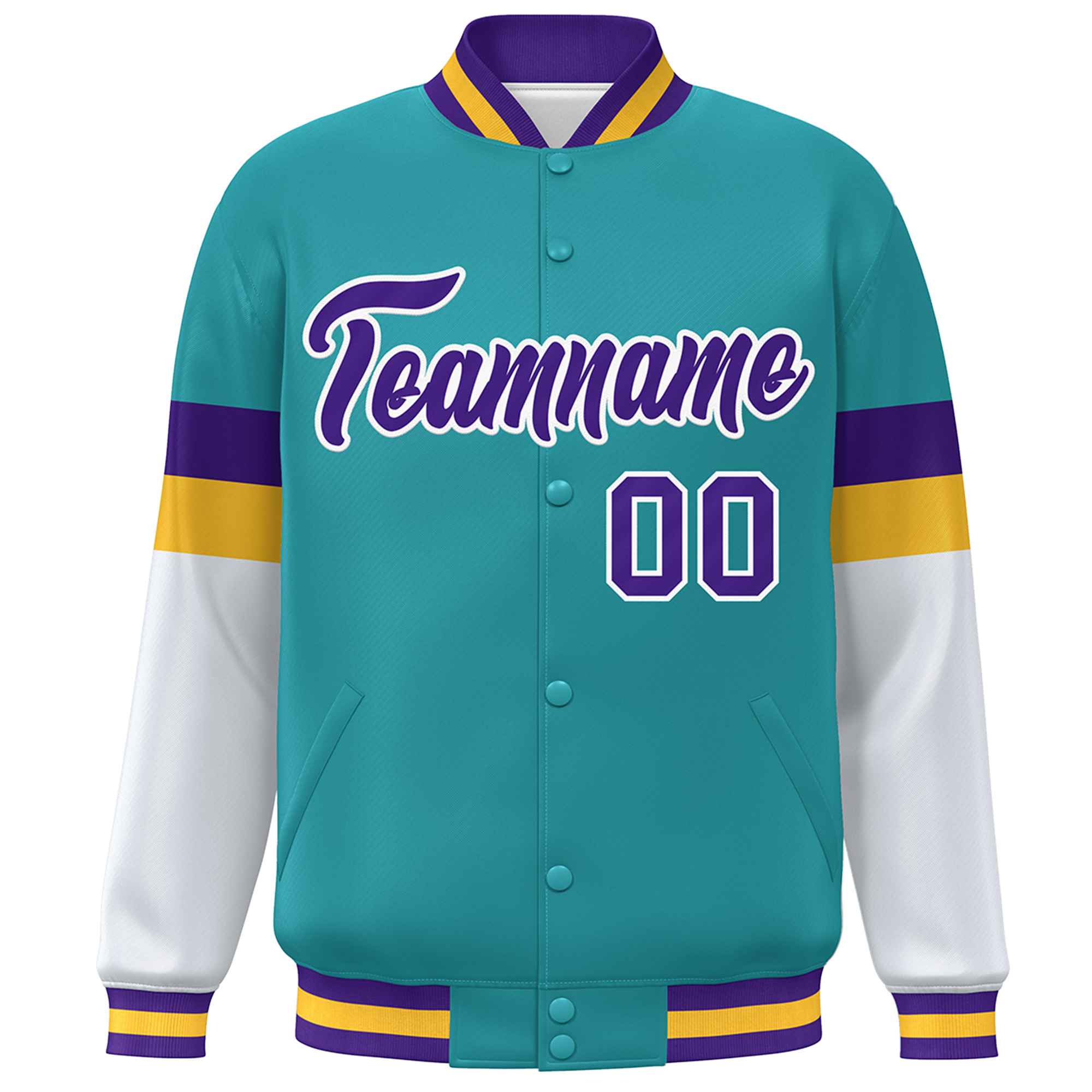 Custom Aqua Purple-White Color Block Bomber Varsity Full-Snap Baseball Jacket