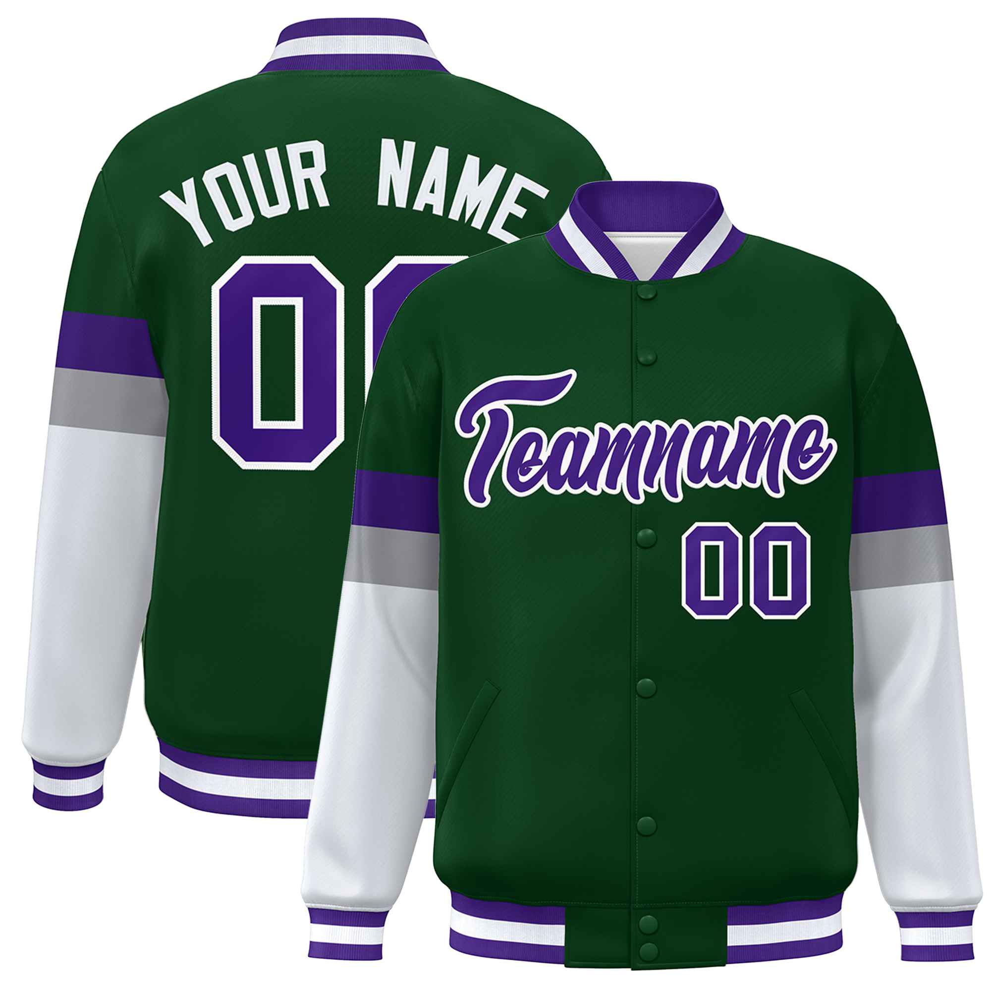 Custom Green Purple-White Color Block Bomber Varsity Full-Snap Baseball Jacket