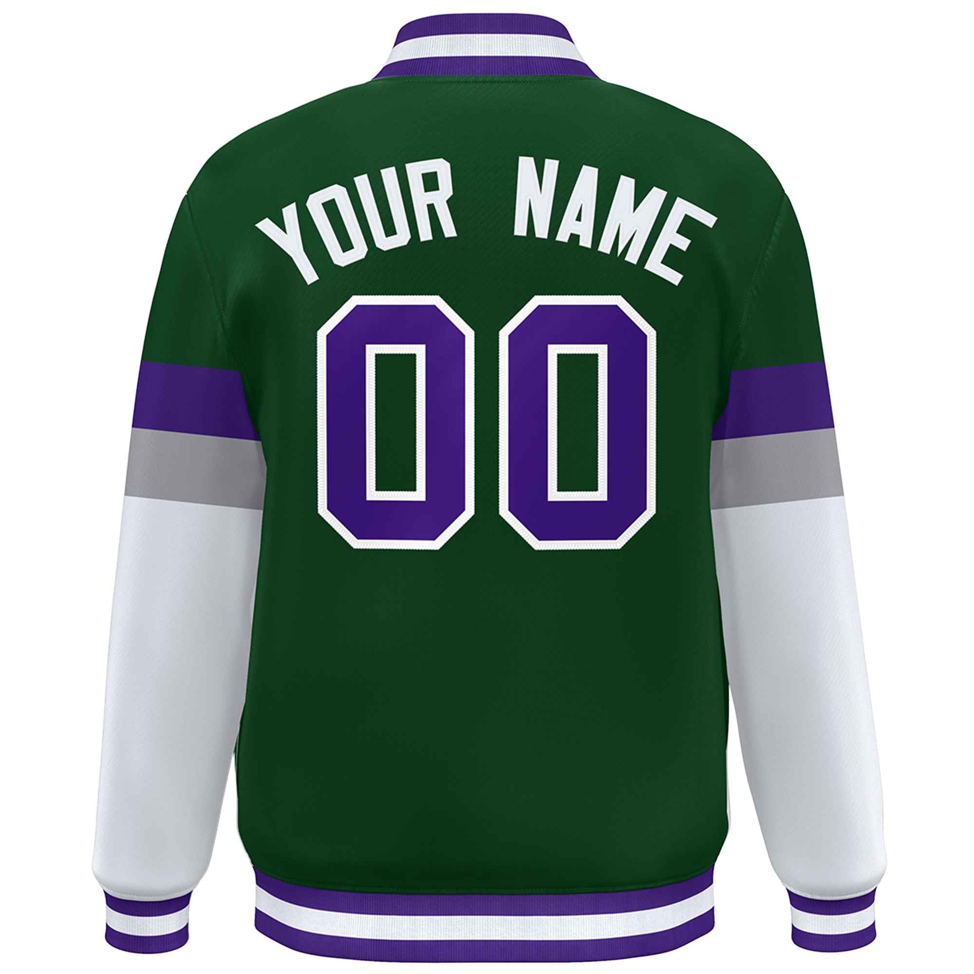 Custom Green Purple-White Color Block Bomber Varsity Full-Snap Baseball Jacket