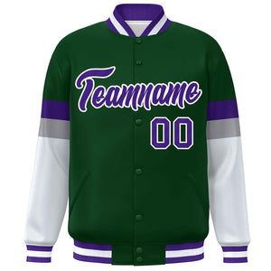 Custom Green Purple-White Color Block Bomber Varsity Full-Snap Baseball Jacket