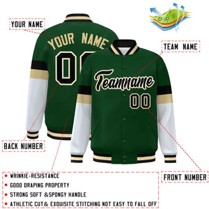 Custom Green Black-Khaki Color Block Bomber Varsity Full-Snap Baseball Jacket