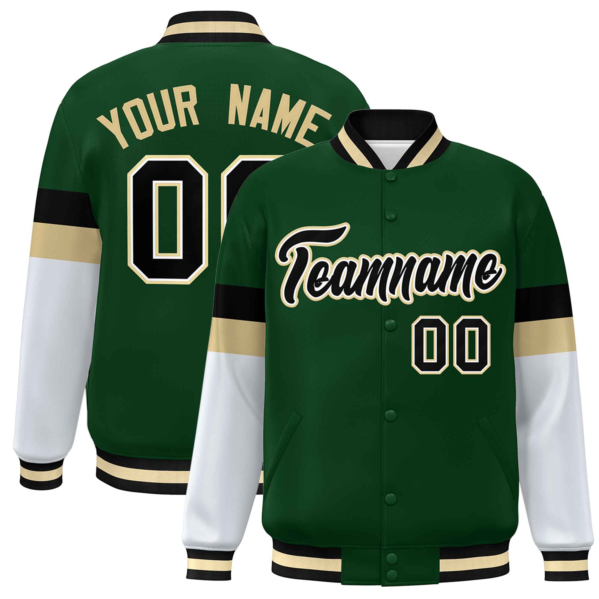 Custom Green Black-Khaki Color Block Bomber Varsity Full-Snap Baseball Jacket