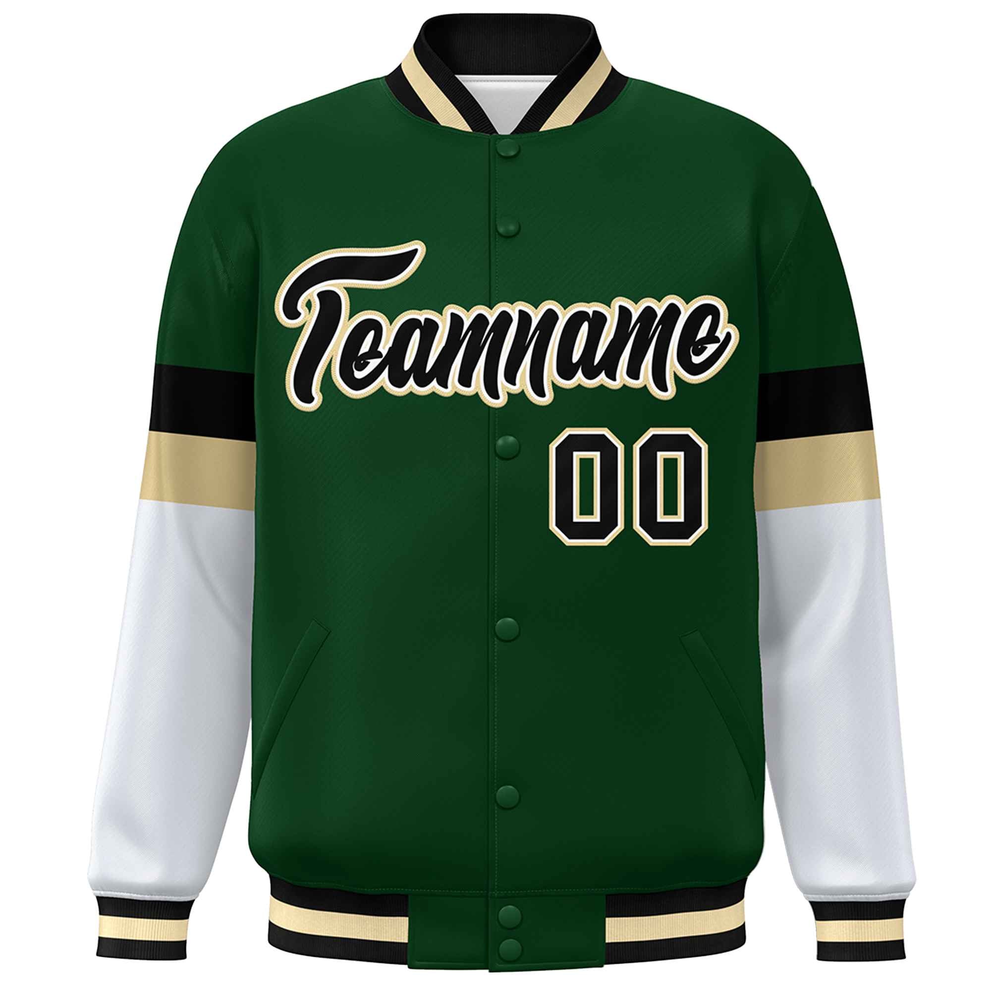 Custom Green Black-Khaki Color Block Bomber Varsity Full-Snap Baseball Jacket