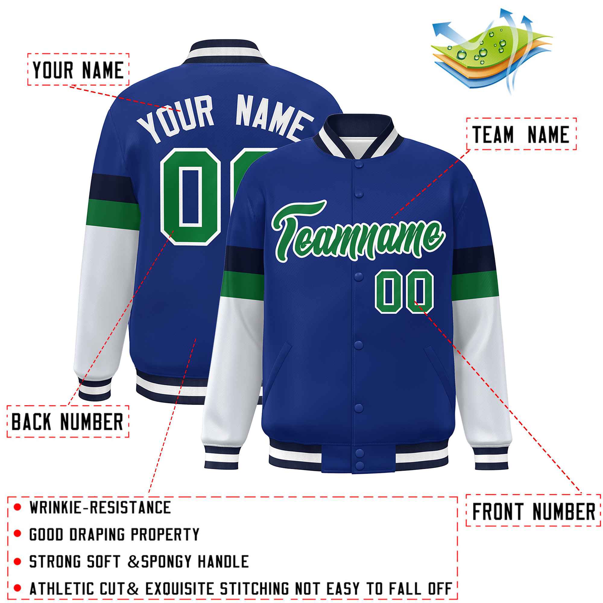 Custom Royal Kelly Green-White Color Block Bomber Varsity Full-Snap Baseball Jacket