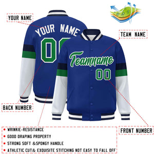 Custom Royal Kelly Green-White Color Block Bomber Varsity Full-Snap Baseball Jacket