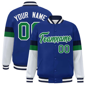 Custom Royal Kelly Green-White Color Block Bomber Varsity Full-Snap Baseball Jacket