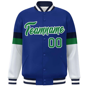 Custom Royal Kelly Green-White Color Block Bomber Varsity Full-Snap Baseball Jacket