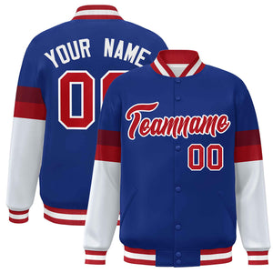 Custom Royal Red-White Color Block Bomber Varsity Full-Snap Baseball Jacket