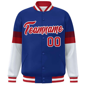 Custom Royal Red-White Color Block Bomber Varsity Full-Snap Baseball Jacket