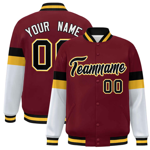 Custom Crimson Black-Gold Color Block Bomber Varsity Full-Snap Baseball Jacket