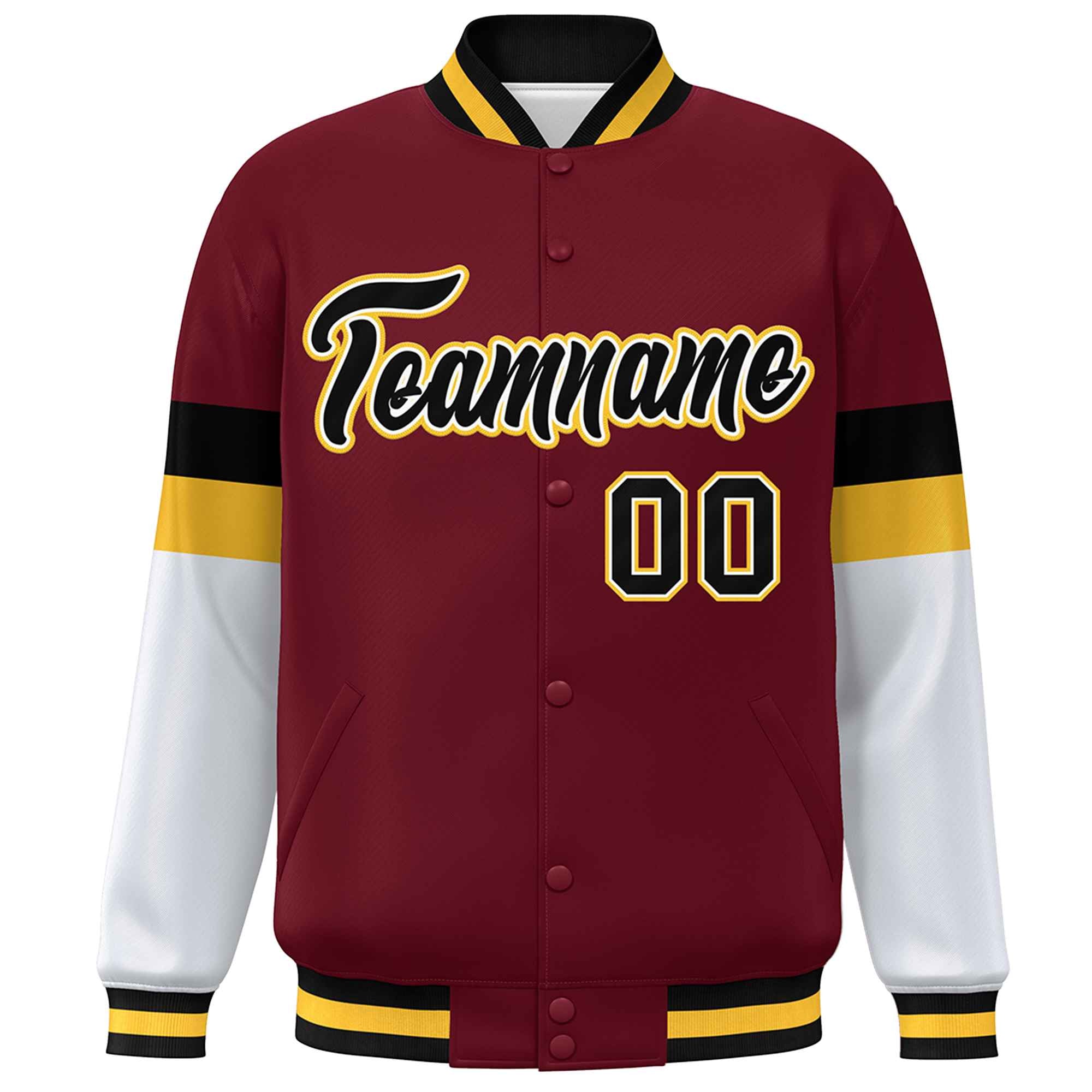 Custom Crimson Black-Gold Color Block Bomber Varsity Full-Snap Baseball Jacket