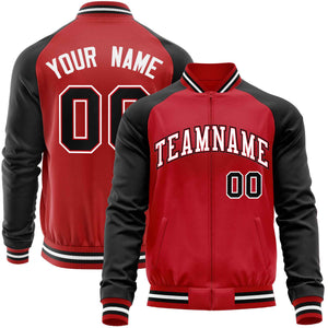 Custom Red Black Varsity Full-Zip Raglan Sleeves Letterman Baseball Jacket