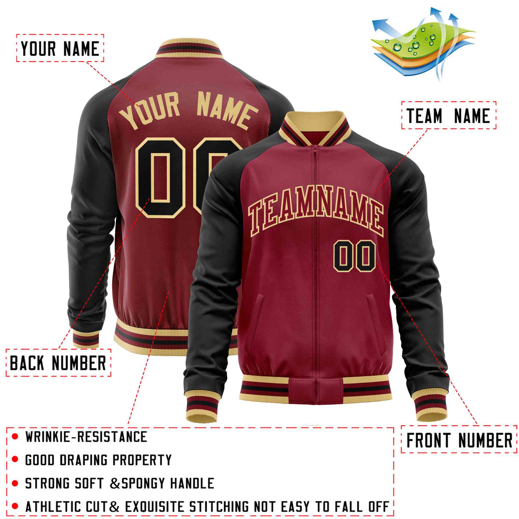 Custom Crimson Black Varsity Full-Zip Raglan Sleeves Letterman Baseball Jacket