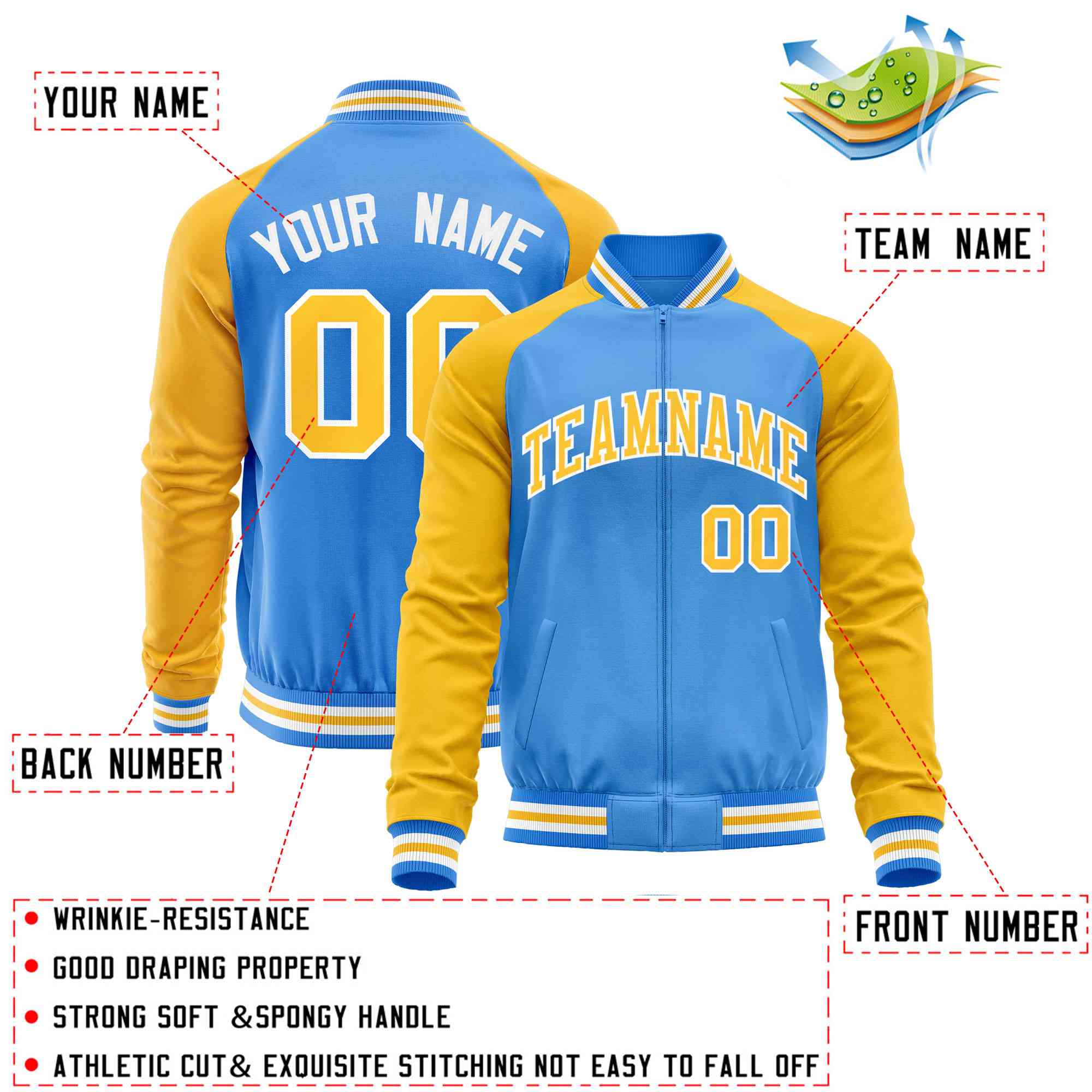 Custom Powder Blue Yellow Varsity Full-Zip Raglan Sleeves Letterman Baseball Jacket