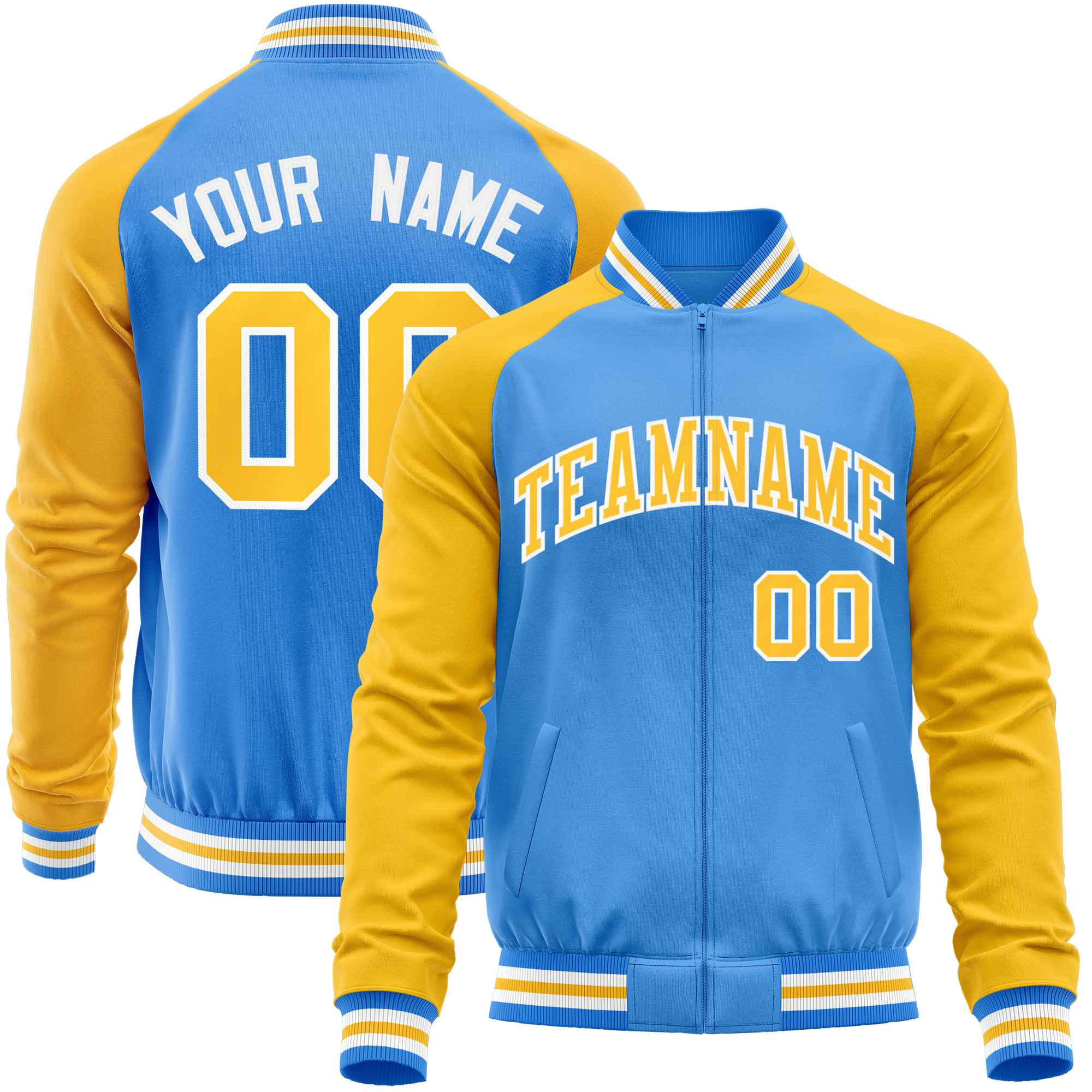 Custom Powder Blue Yellow Varsity Full-Zip Raglan Sleeves Letterman Baseball Jacket