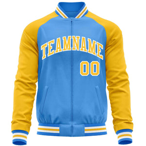 Custom Powder Blue Yellow Varsity Full-Zip Raglan Sleeves Letterman Baseball Jacket