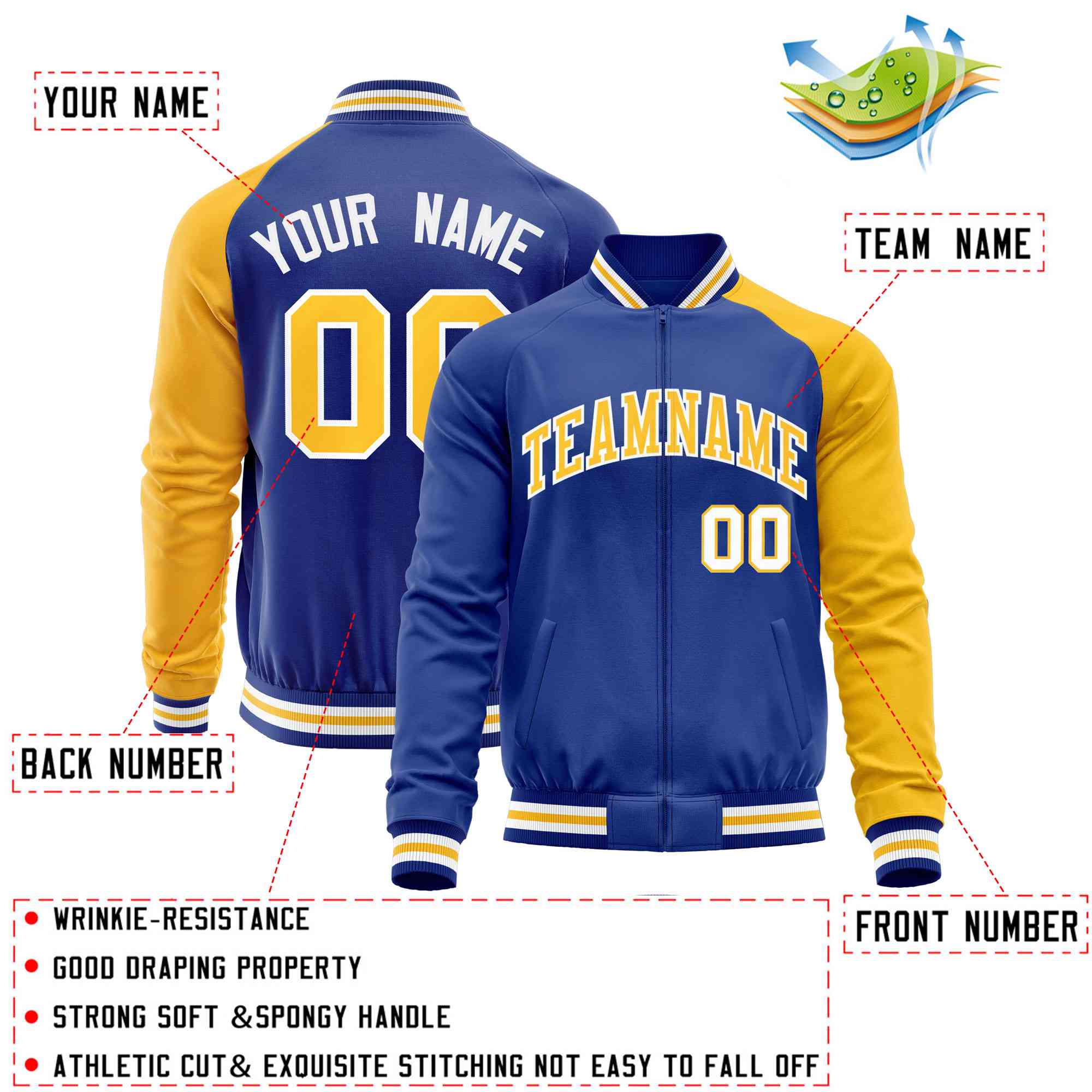 Custom Royal Yellow-Royal Varsity Full-Zip Raglan Sleeves Letterman Baseball Jacket