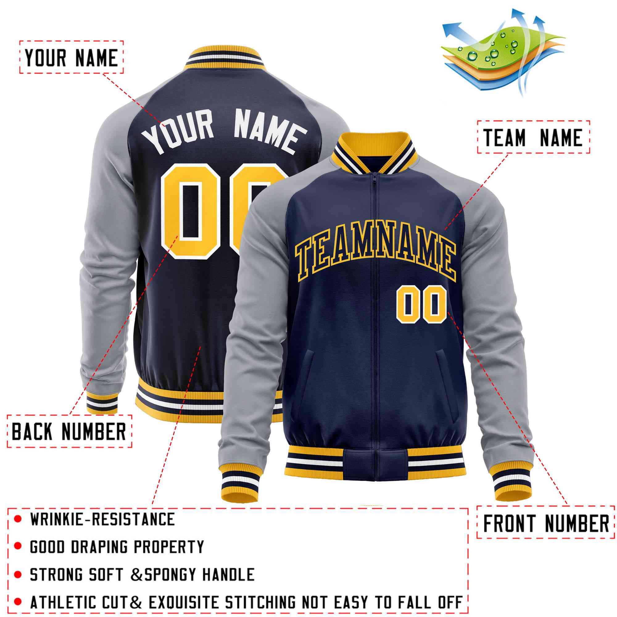 Custom Navy Gray Varsity Full-Zip Raglan Sleeves Letterman Baseball Jacket