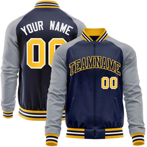 Custom Navy Gray Varsity Full-Zip Raglan Sleeves Letterman Baseball Jacket