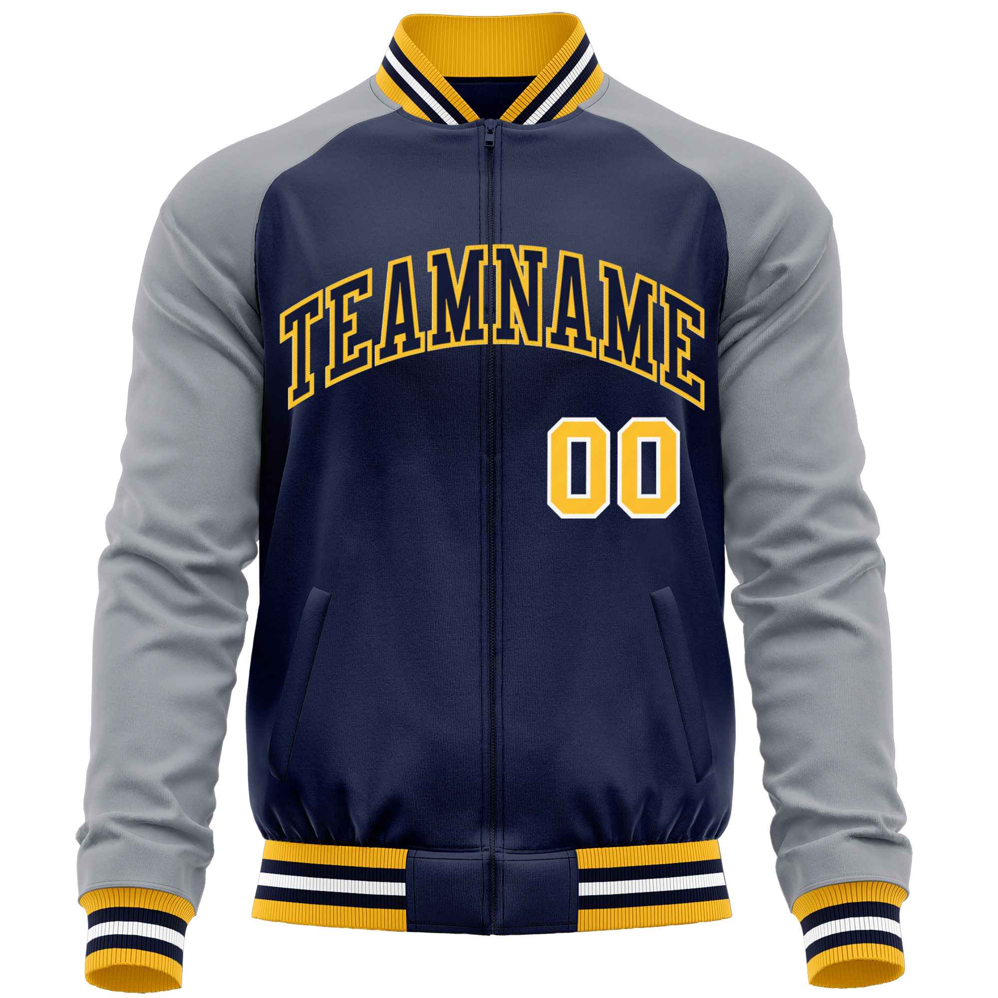 Custom Navy Gray Varsity Full-Zip Raglan Sleeves Letterman Baseball Jacket