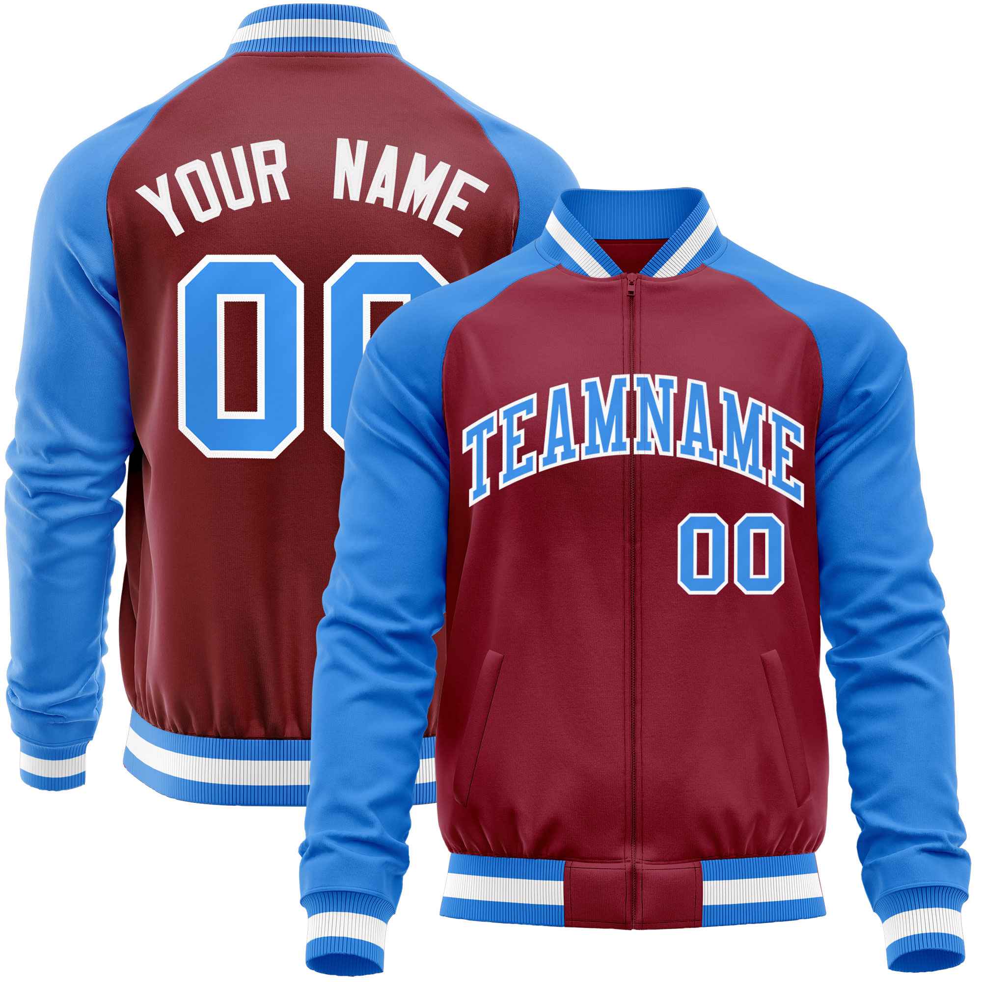 Custom Crimson Powder Blue Varsity Full-Zip Raglan Sleeves Letterman Baseball Jacket