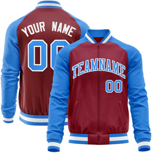 Custom Crimson Powder Blue Varsity Full-Zip Raglan Sleeves Letterman Baseball Jacket