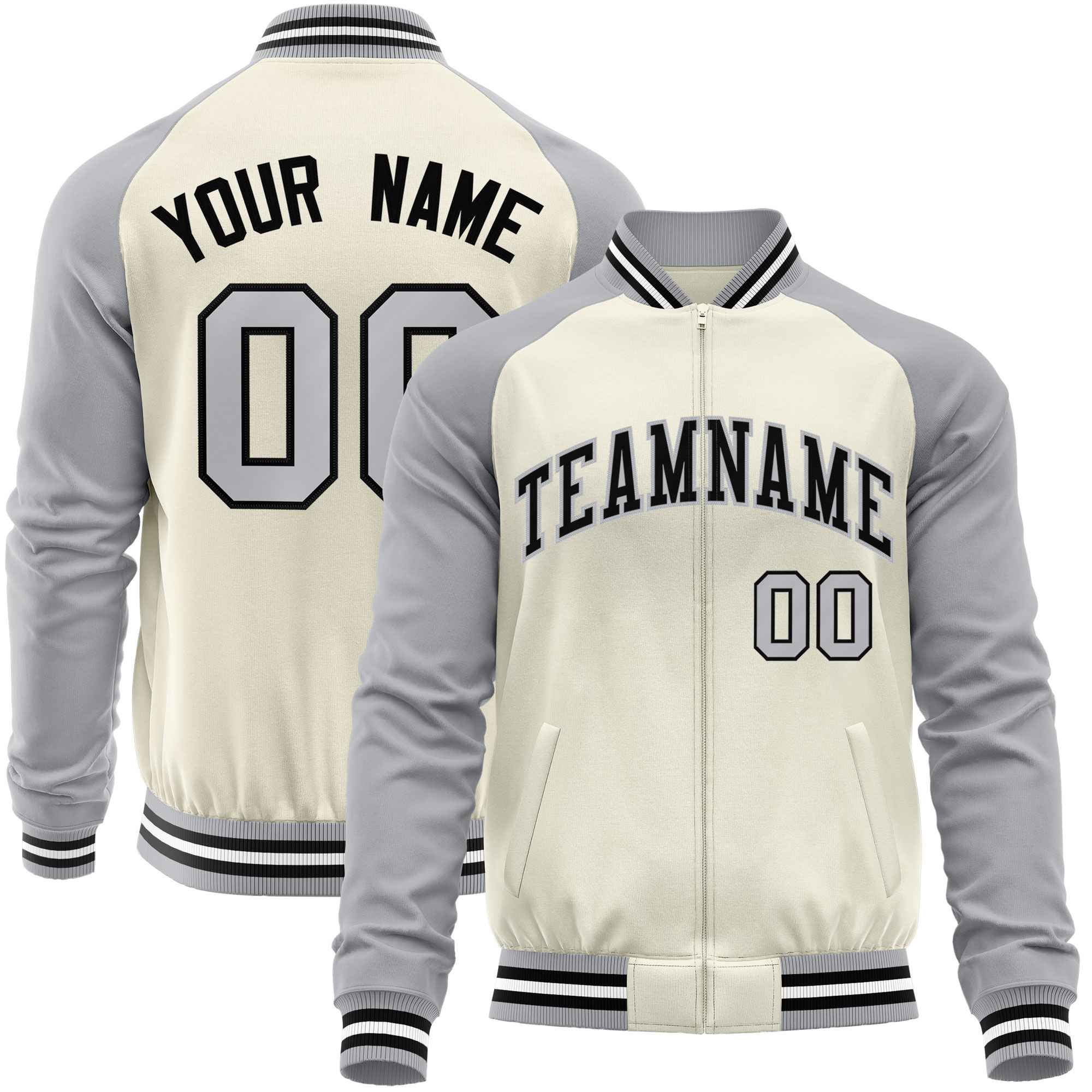 Custom Cream Gray Varsity Full-Zip Raglan Sleeves Letterman Baseball Jacket