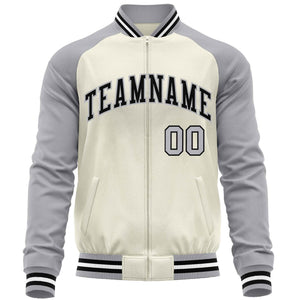 Custom Cream Gray Varsity Full-Zip Raglan Sleeves Letterman Baseball Jacket