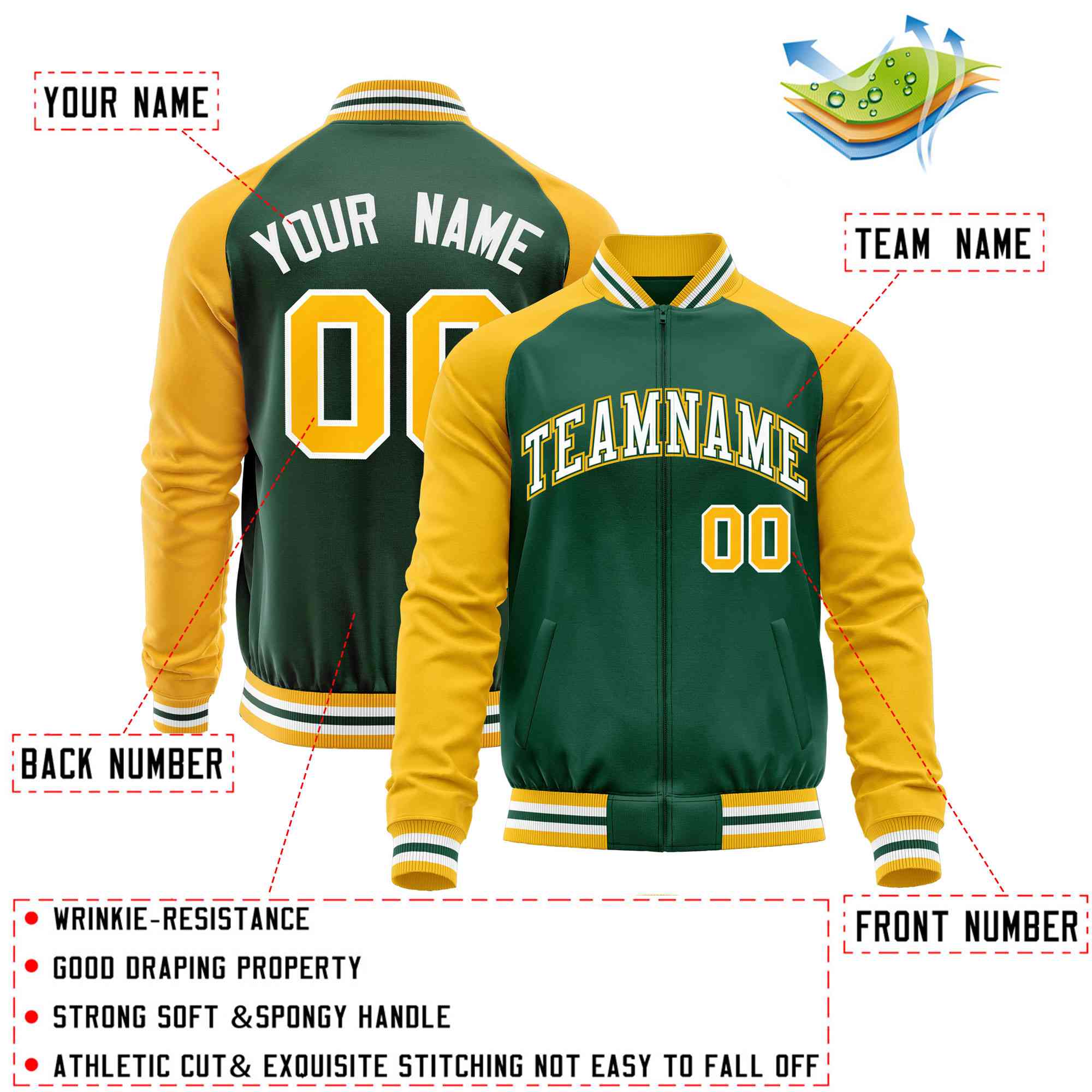 Custom Green Yellow Varsity Full-Zip Raglan Sleeves Letterman Baseball Jacket