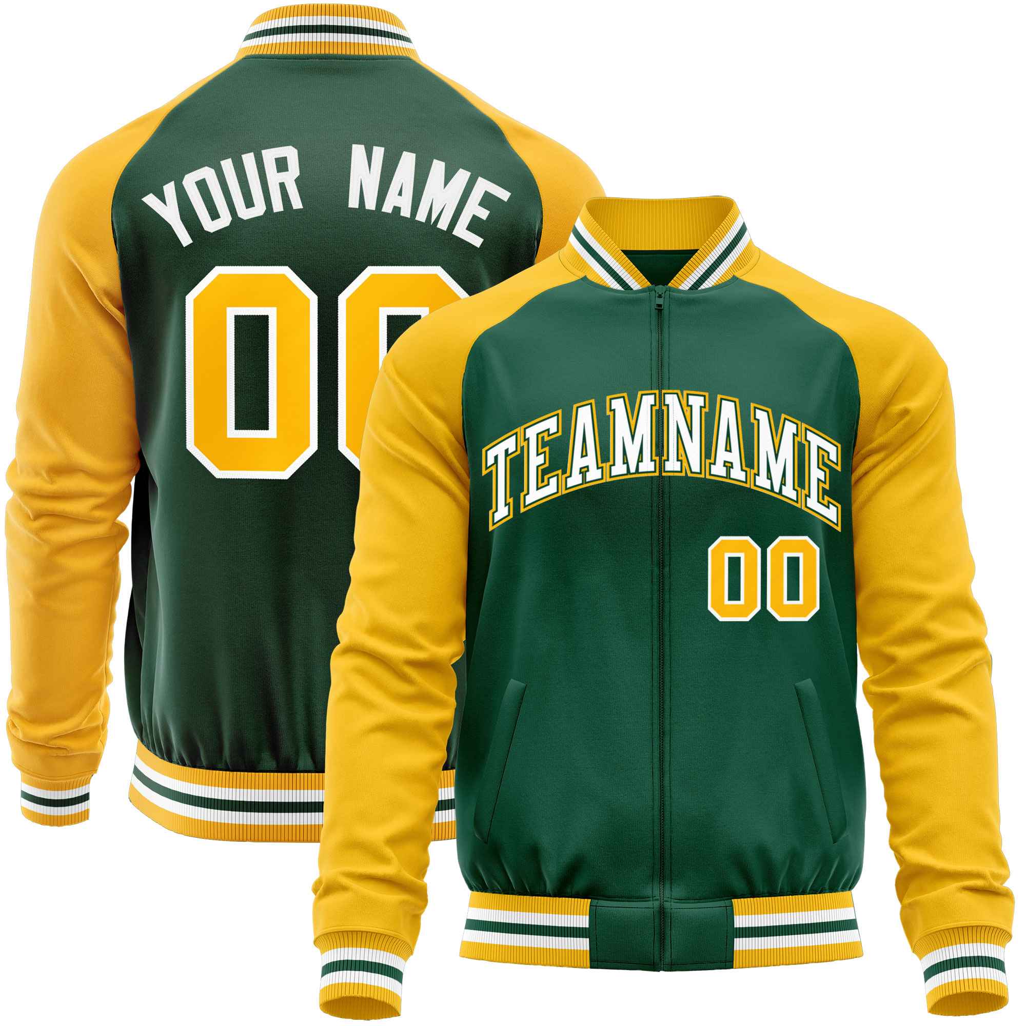 Custom Green Yellow Varsity Full-Zip Raglan Sleeves Letterman Baseball Jacket