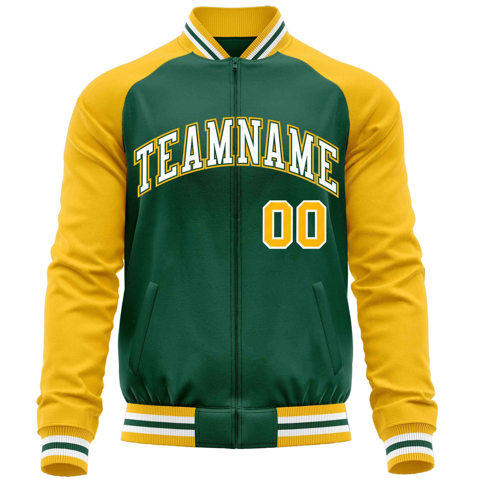 Custom Green Yellow Varsity Full-Zip Raglan Sleeves Letterman Baseball Jacket