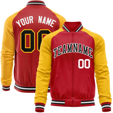 Custom Red Yellow Varsity Full-Zip Raglan Sleeves Letterman Baseball Jacket