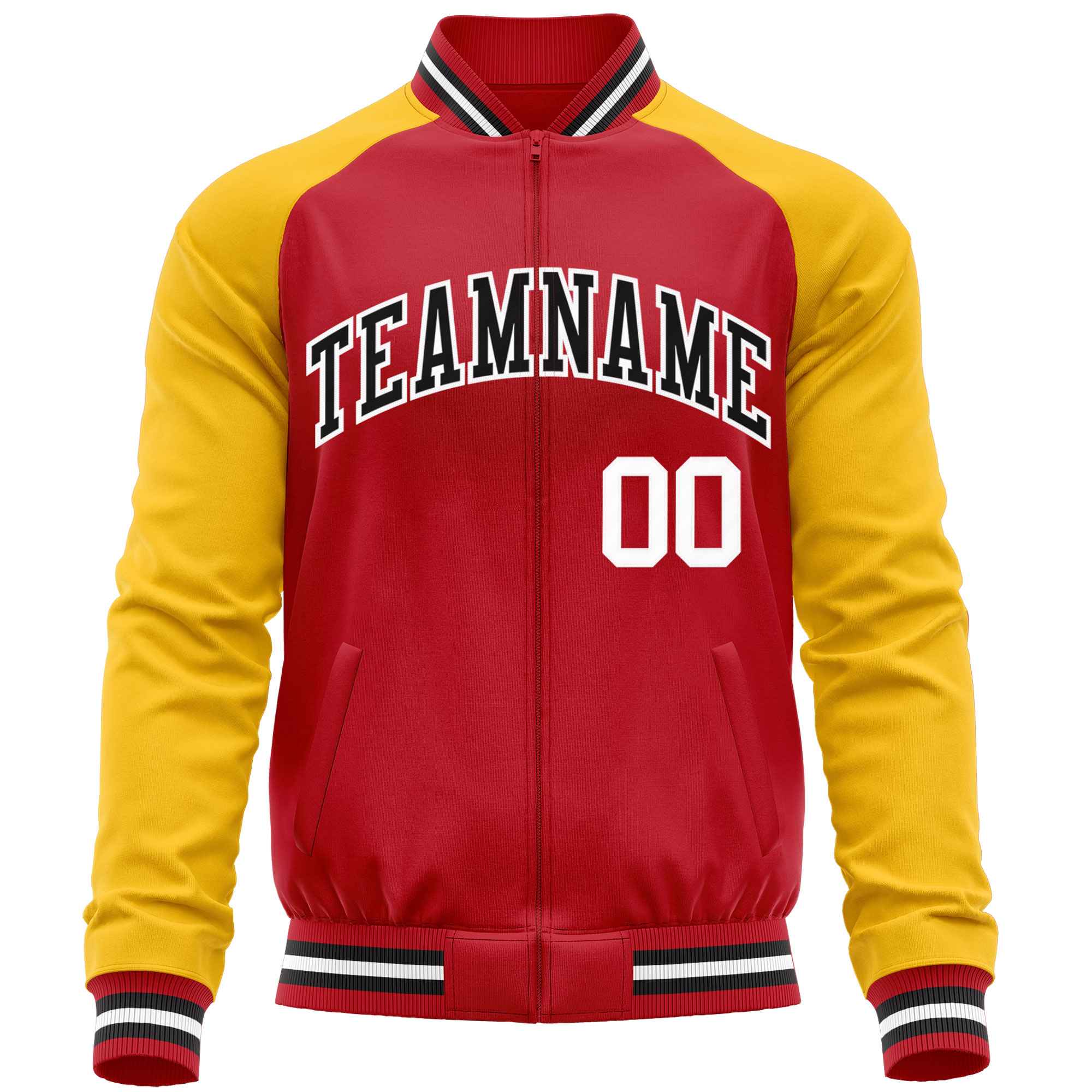 Custom Red Yellow Varsity Full-Zip Raglan Sleeves Letterman Baseball Jacket