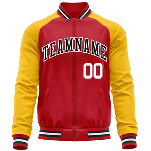 Custom Red Yellow Varsity Full-Zip Raglan Sleeves Letterman Baseball Jacket