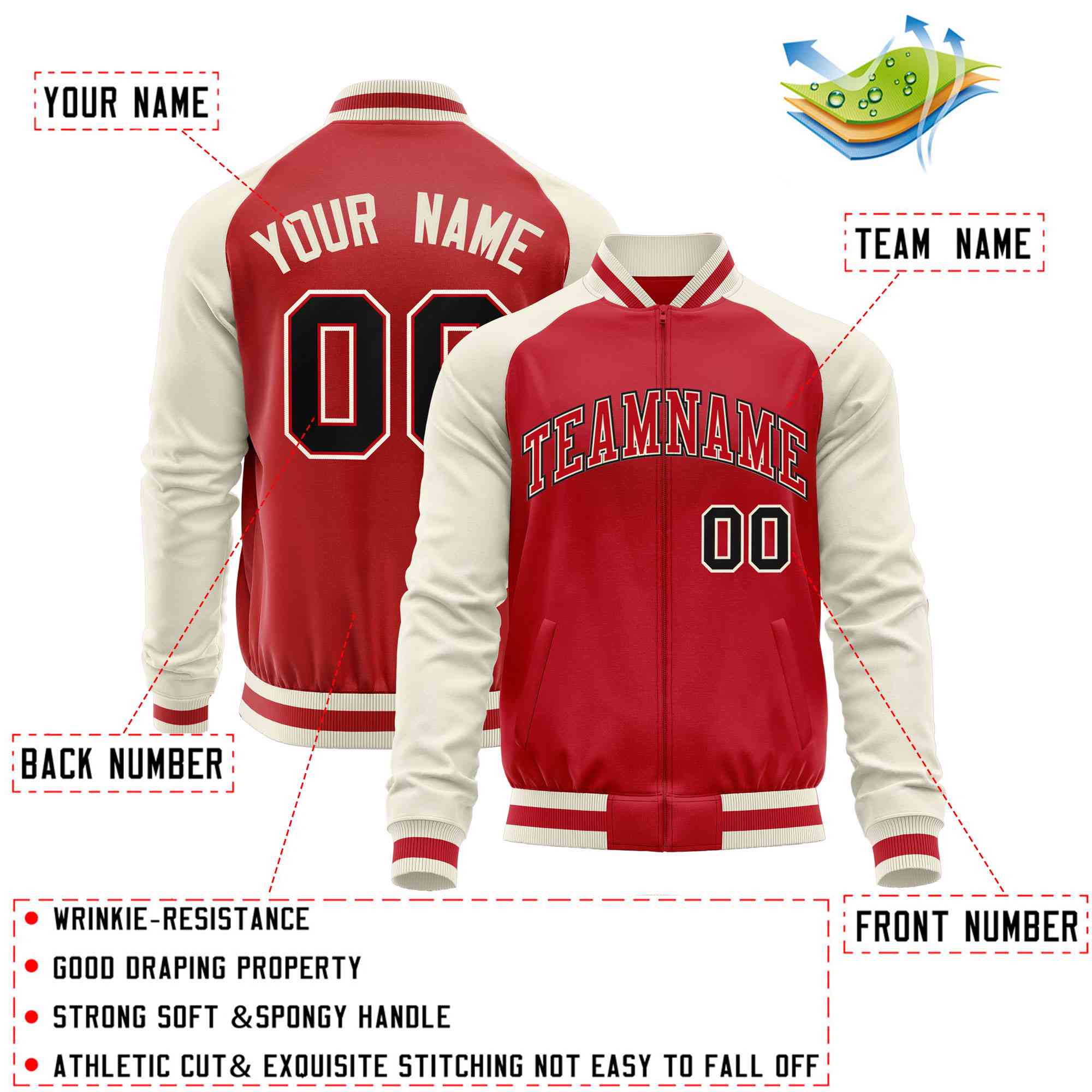 Custom Red Cream Varsity Full-Zip Raglan Sleeves Letterman Baseball Jacket