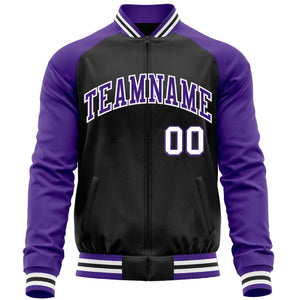 Custom Black Purple Varsity Full-Zip Raglan Sleeves Letterman Baseball Jacket