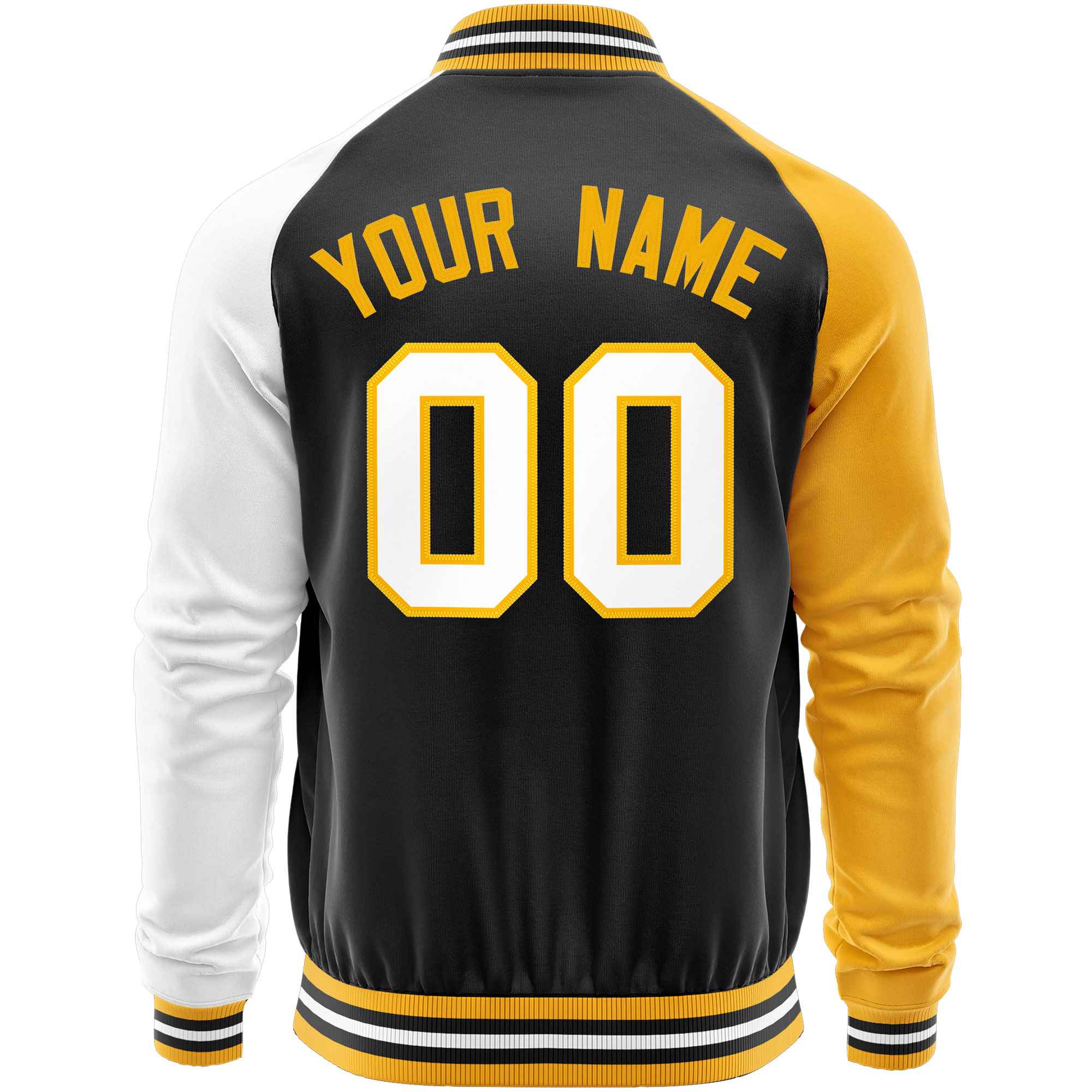 Custom Black White-Yellow Varsity Full-Zip Raglan Sleeves Letterman Baseball Jacket