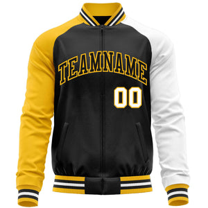 Custom Black White-Yellow Varsity Full-Zip Raglan Sleeves Letterman Baseball Jacket