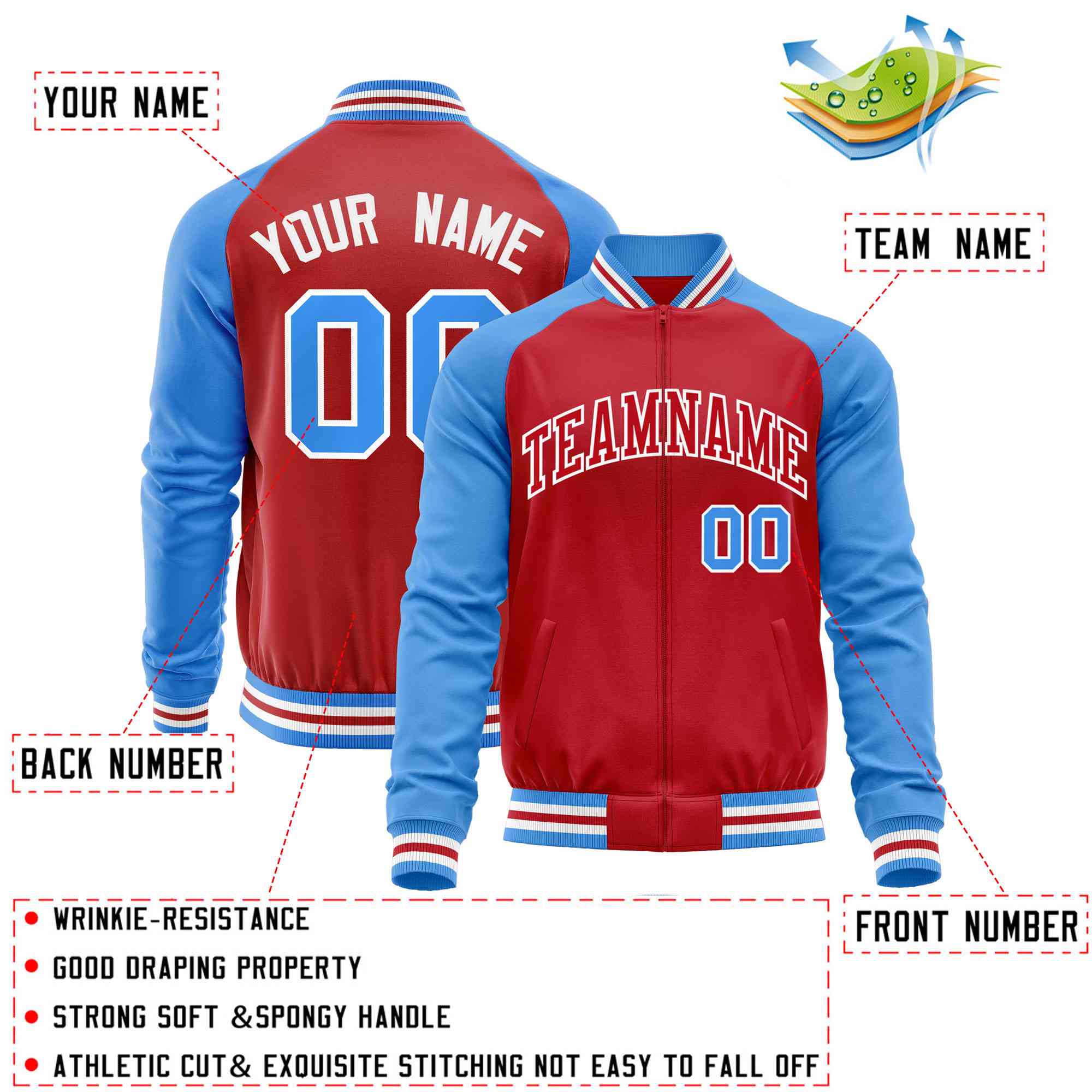 Custom Red Powder Blue Varsity Full-Zip Raglan Sleeves Letterman Baseball Jacket