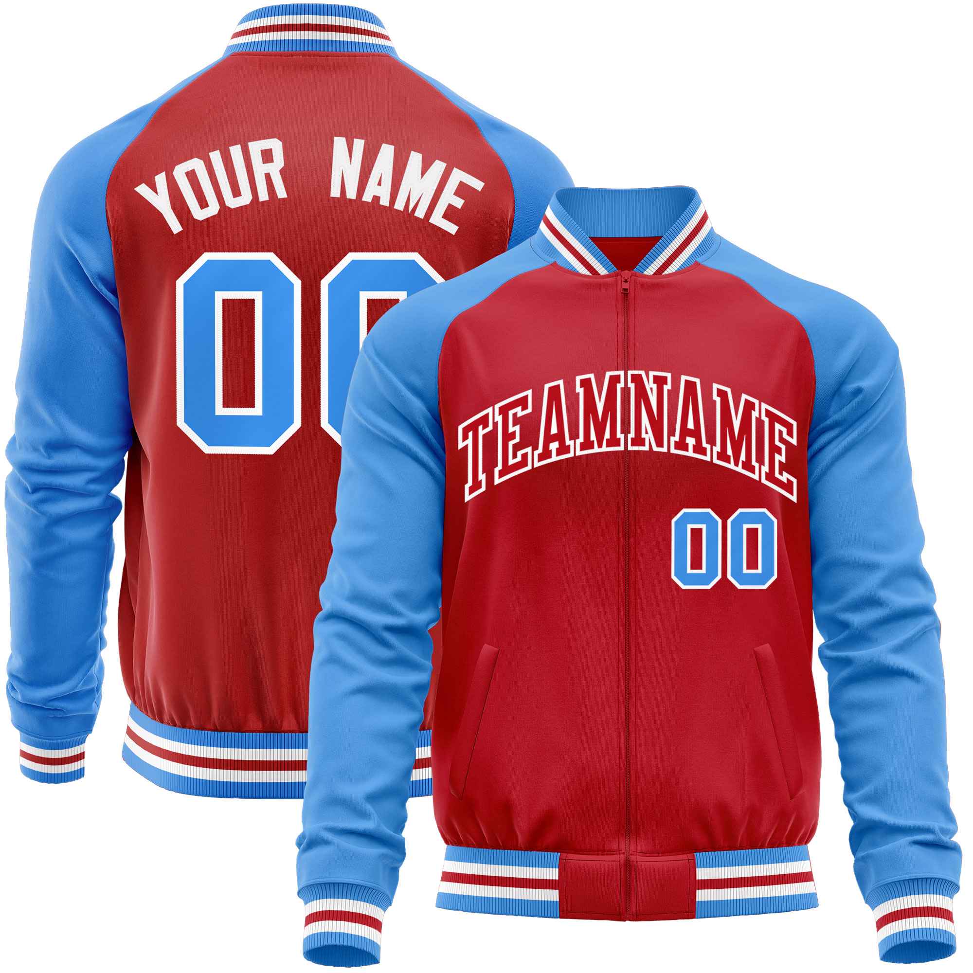 Custom Red Powder Blue Varsity Full-Zip Raglan Sleeves Letterman Baseball Jacket