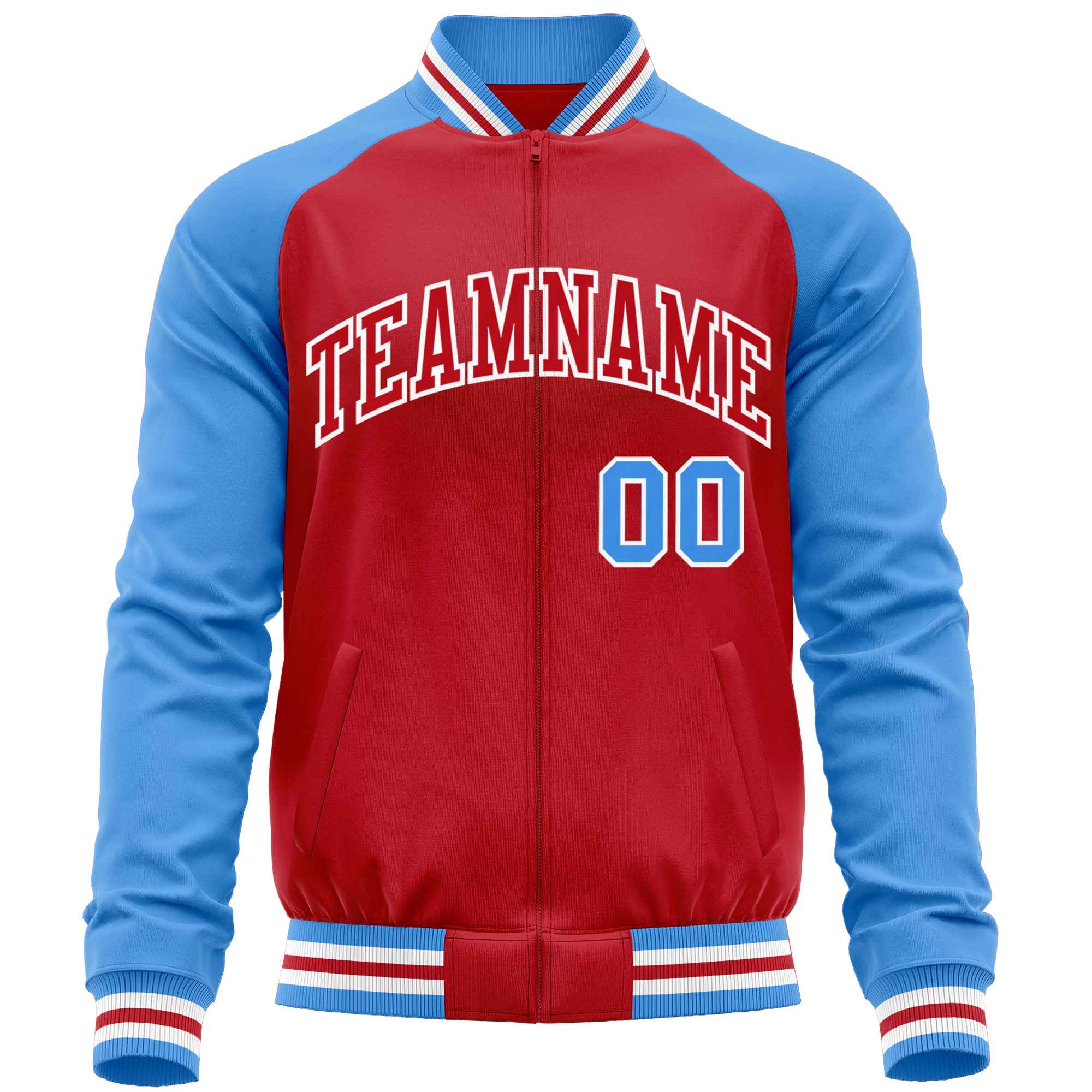 Custom Red Powder Blue Varsity Full-Zip Raglan Sleeves Letterman Baseball Jacket