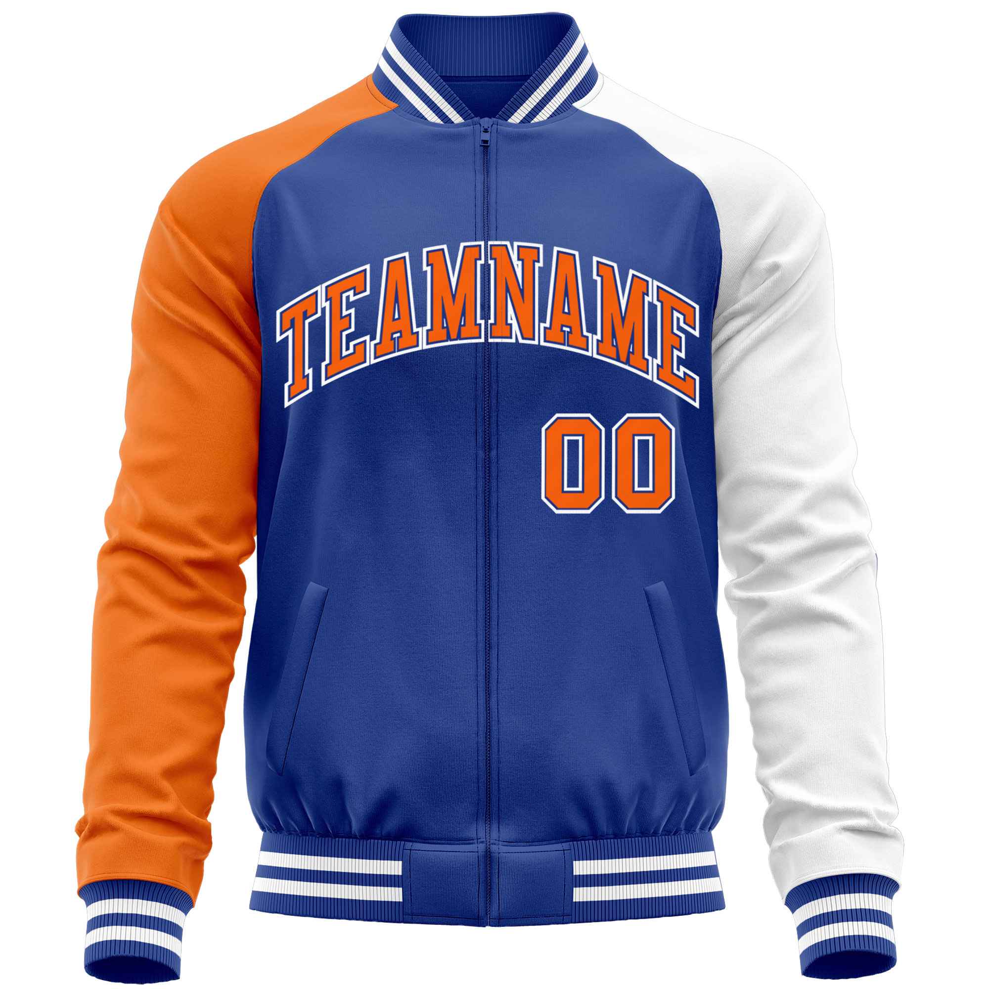 Custom Royal White-Orange Varsity Full-Zip Raglan Sleeves Letterman Baseball Jacket