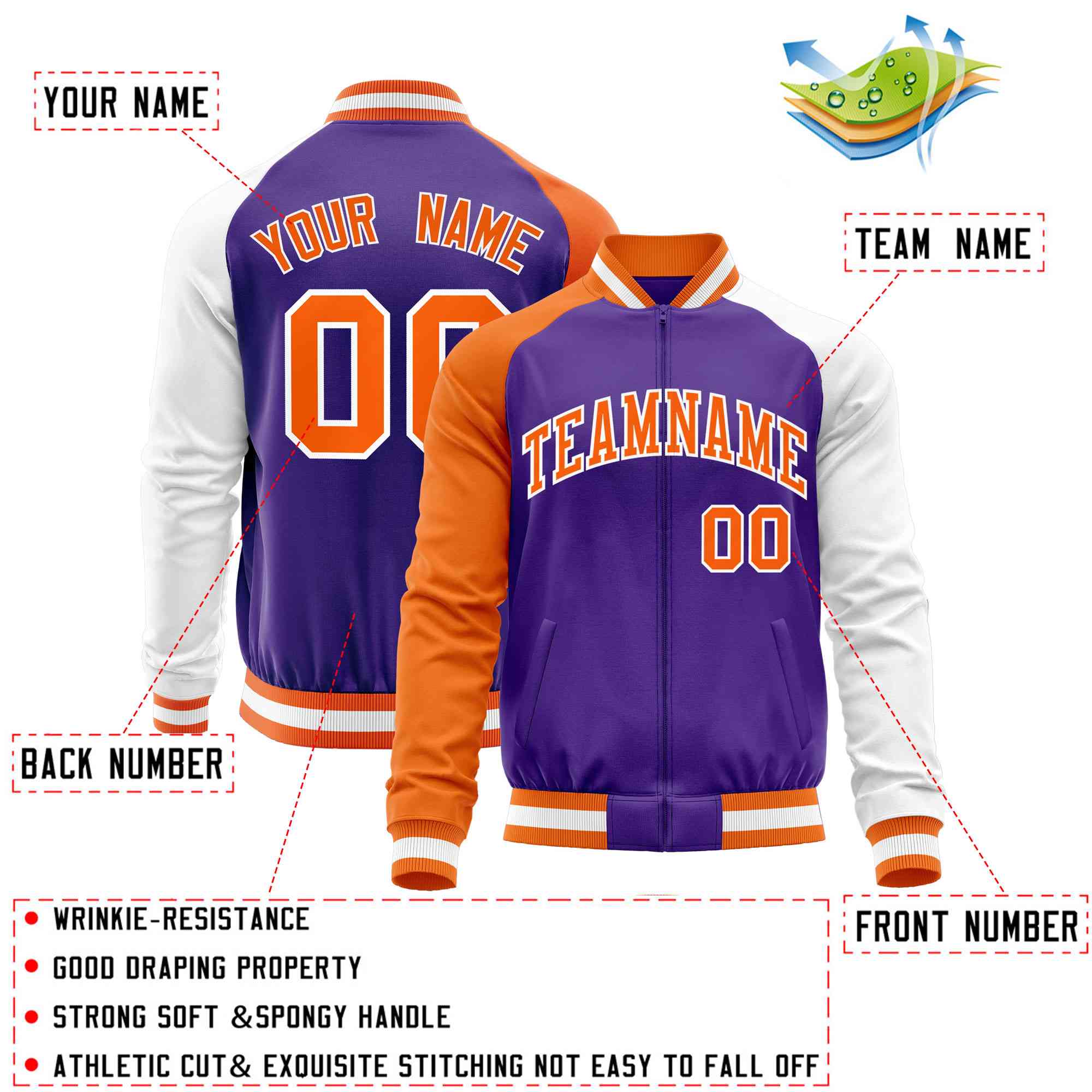 Custom Purple White-Orange Varsity Full-Zip Raglan Sleeves Letterman Baseball Jacket