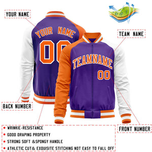 Custom Purple White-Orange Varsity Full-Zip Raglan Sleeves Letterman Baseball Jacket