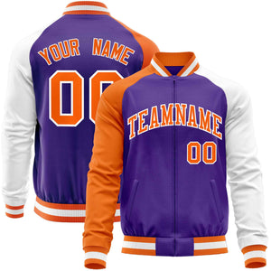 Custom Purple White-Orange Varsity Full-Zip Raglan Sleeves Letterman Baseball Jacket