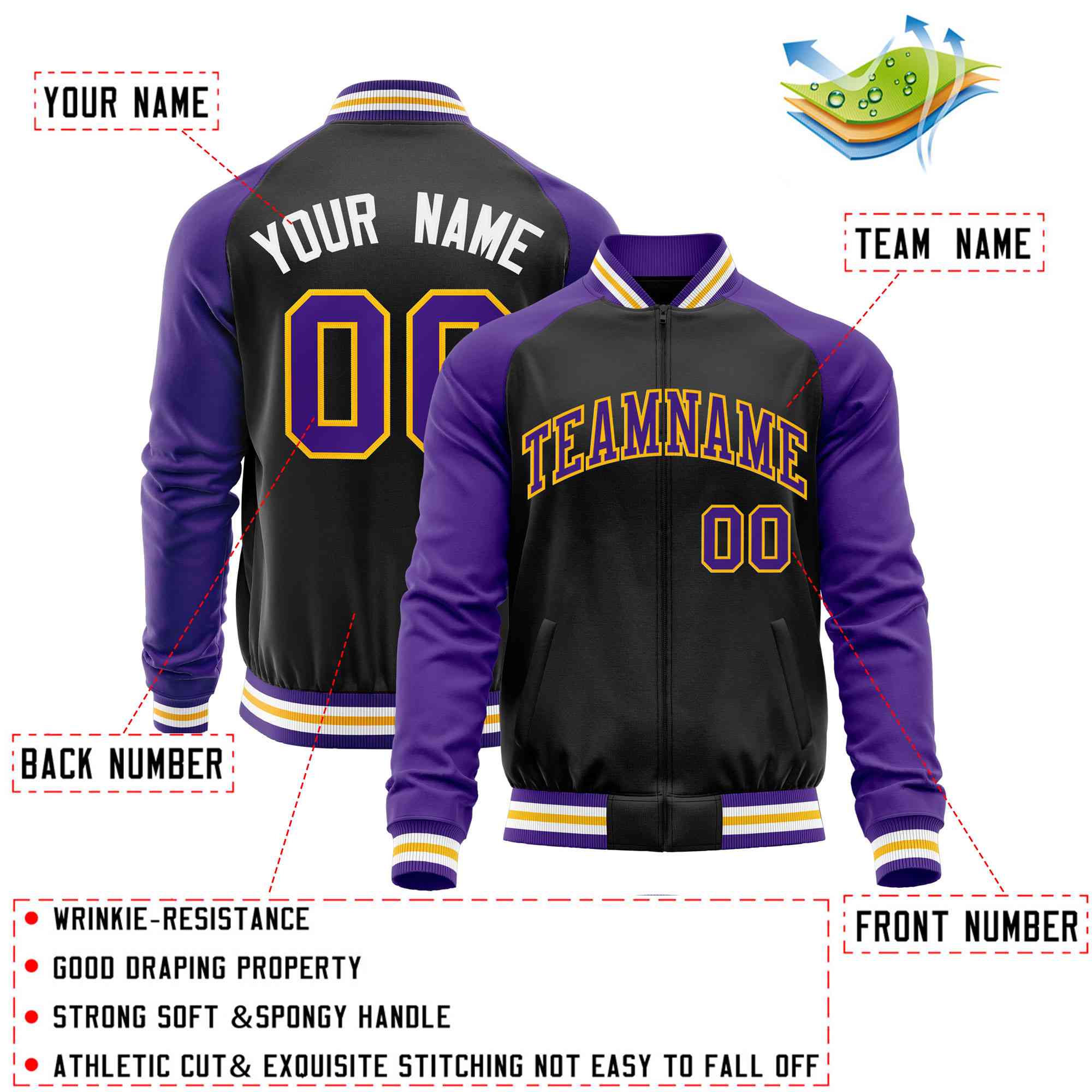 Custom Black Purple Varsity Full-Zip Raglan Sleeves Letterman Baseball Jacket