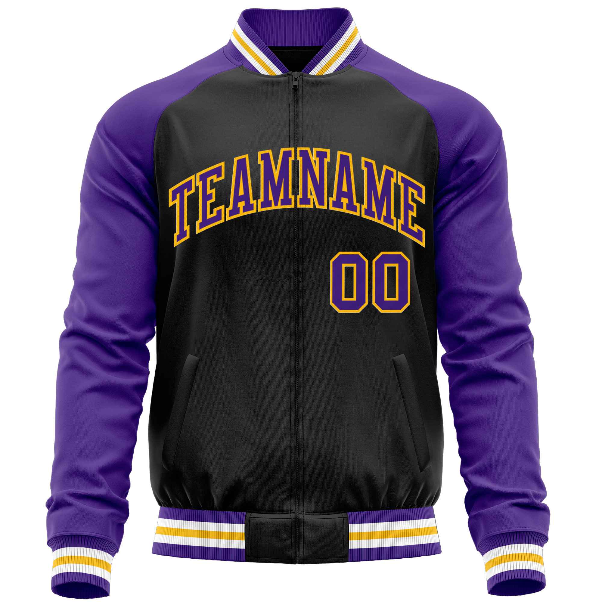 Custom Black Purple Varsity Full-Zip Raglan Sleeves Letterman Baseball Jacket