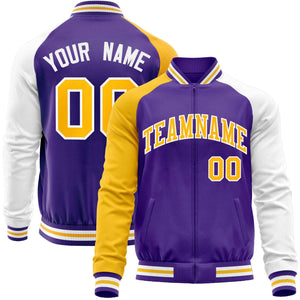 Custom Purple White-Yellow Varsity Full-Zip Raglan Sleeves Letterman Baseball Jacket