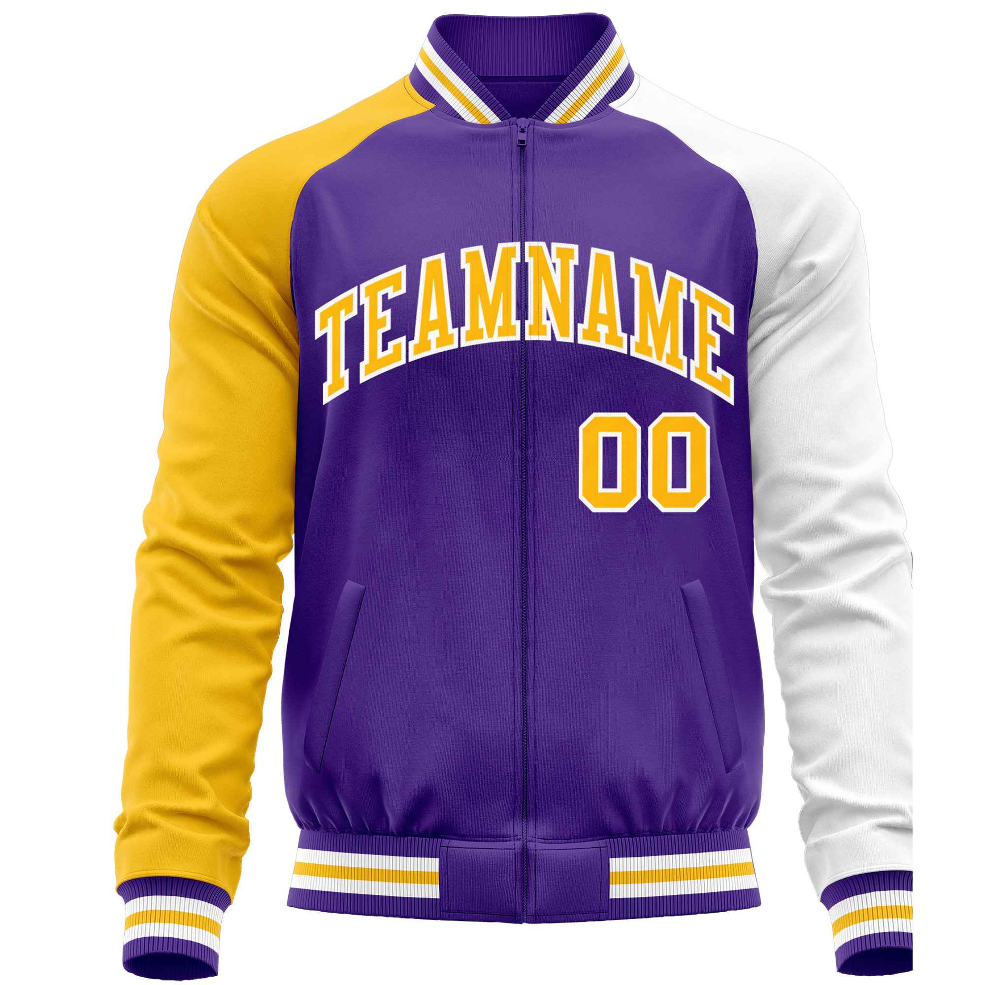 Custom Purple White-Yellow Varsity Full-Zip Raglan Sleeves Letterman Baseball Jacket